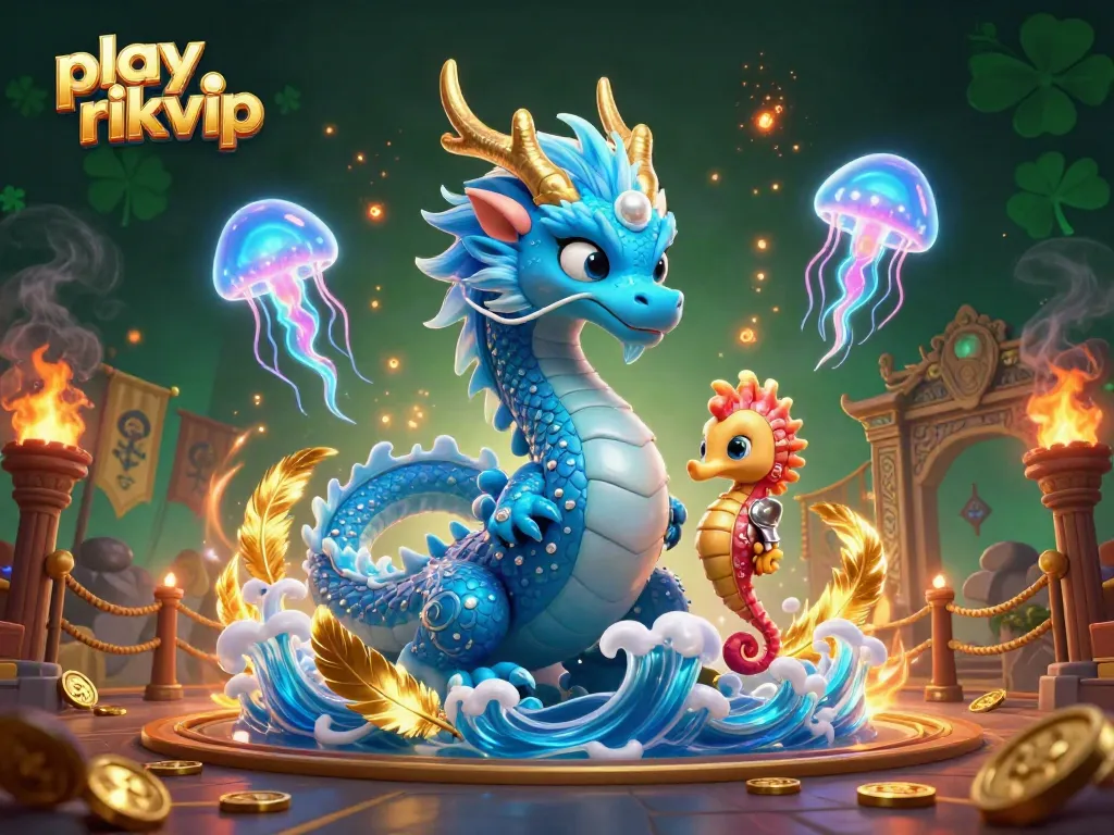 Engage in thrilling games at Rikvip, featuring an azure water dragon and coral knight amidst shining coins and vibrant jellyfish.