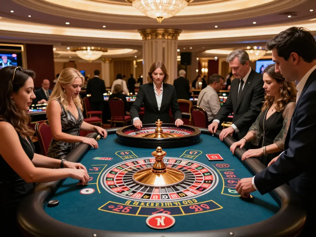 RR88 players engaged in thrilling roulette action at an upscale casino table surrounded by vibrant ambiance.