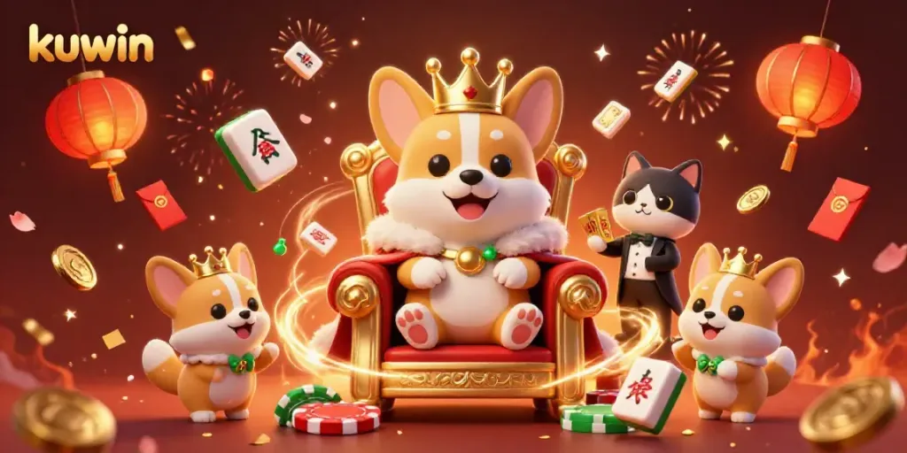 Kuwin showcases a royal corgi on a throne among casino elements, celebrating the gambling spirit.