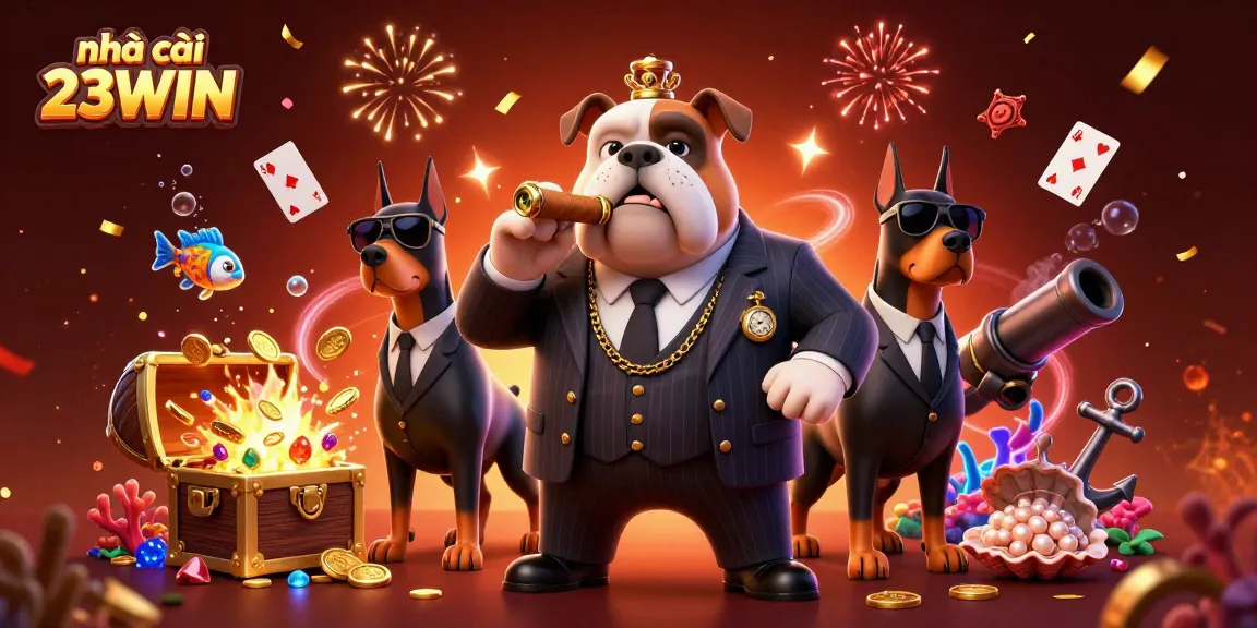 Engage with the vibrant world of nhà cái 23WIN, featuring a dynamic scene of a mafia bulldog and Dobermans amidst a treasure explosion.