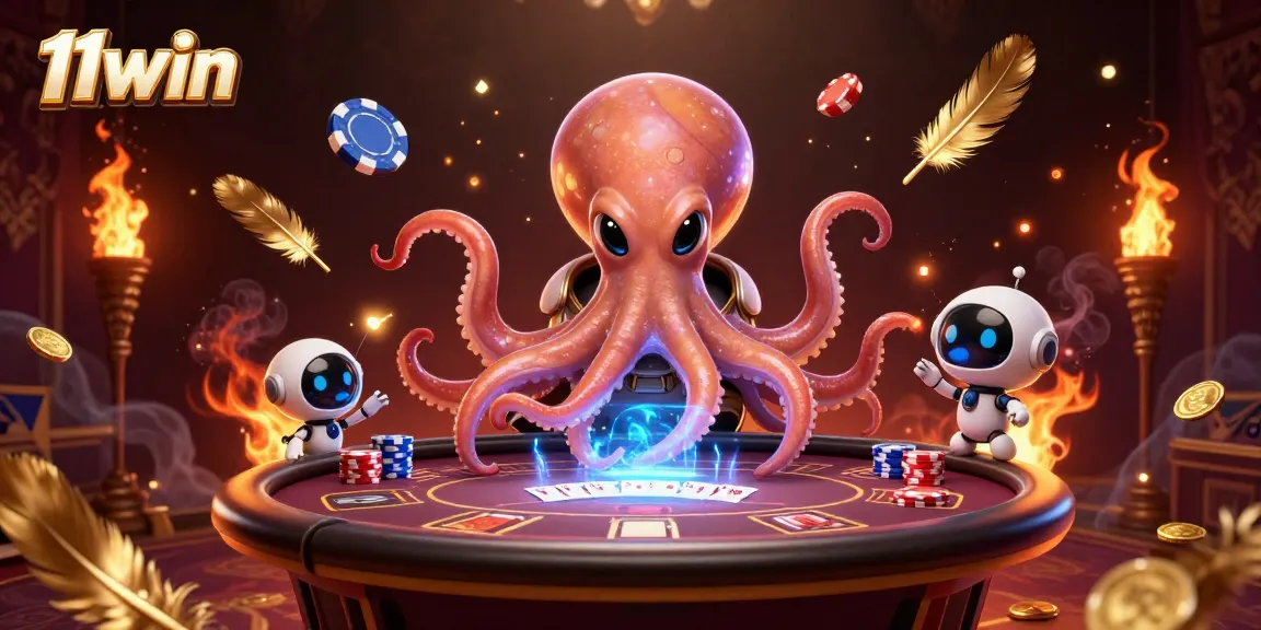 Engage in thrilling poker with 11win's vibrant 3D alien octopus illustration and game elements.