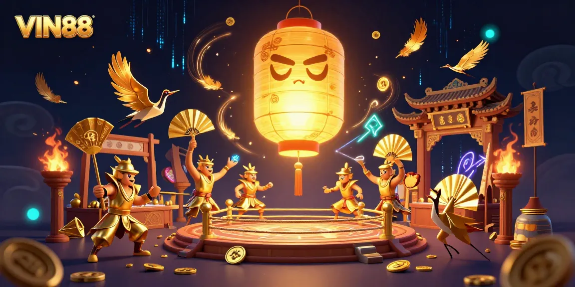 Experience excitement at VIN88 with a golden lantern spirit illuminating a vibrant casino scene.