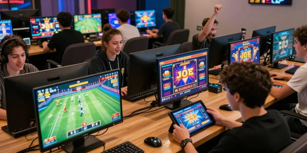 Engaged players enjoying online gaming at https://man88.hair/ with interactive betting interfaces in a vibrant lounge.