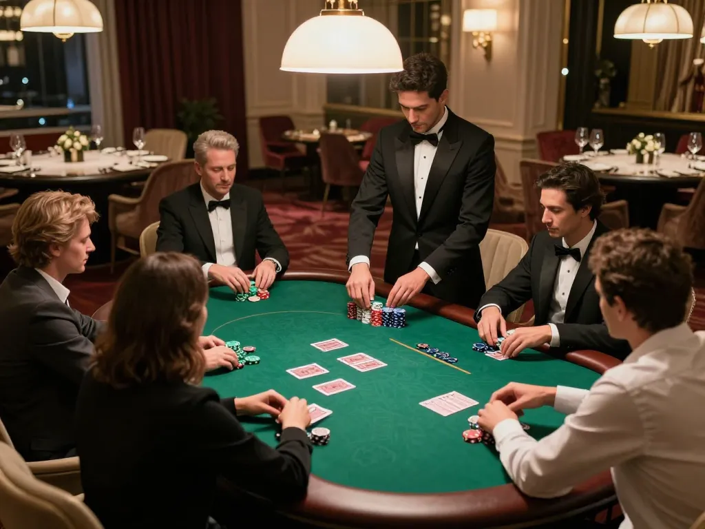 CM88 poker players strategizing their bets at an upscale VIP table.