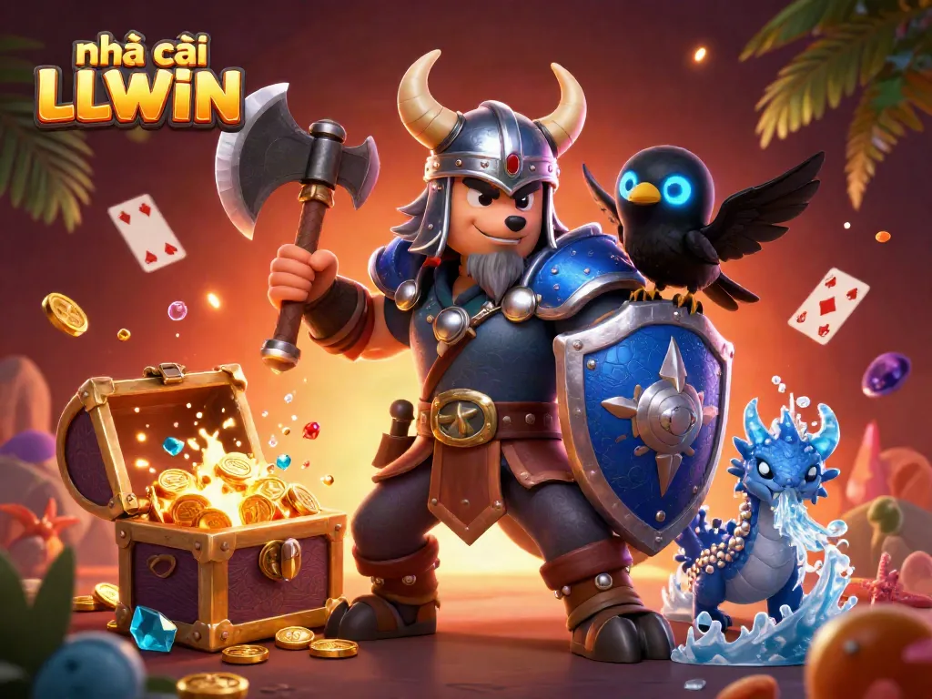 Experience thrilling action with Nhà cái LLWIN featuring a Viking warrior, fierce dragon, and treasure near an explosive undersea scene.