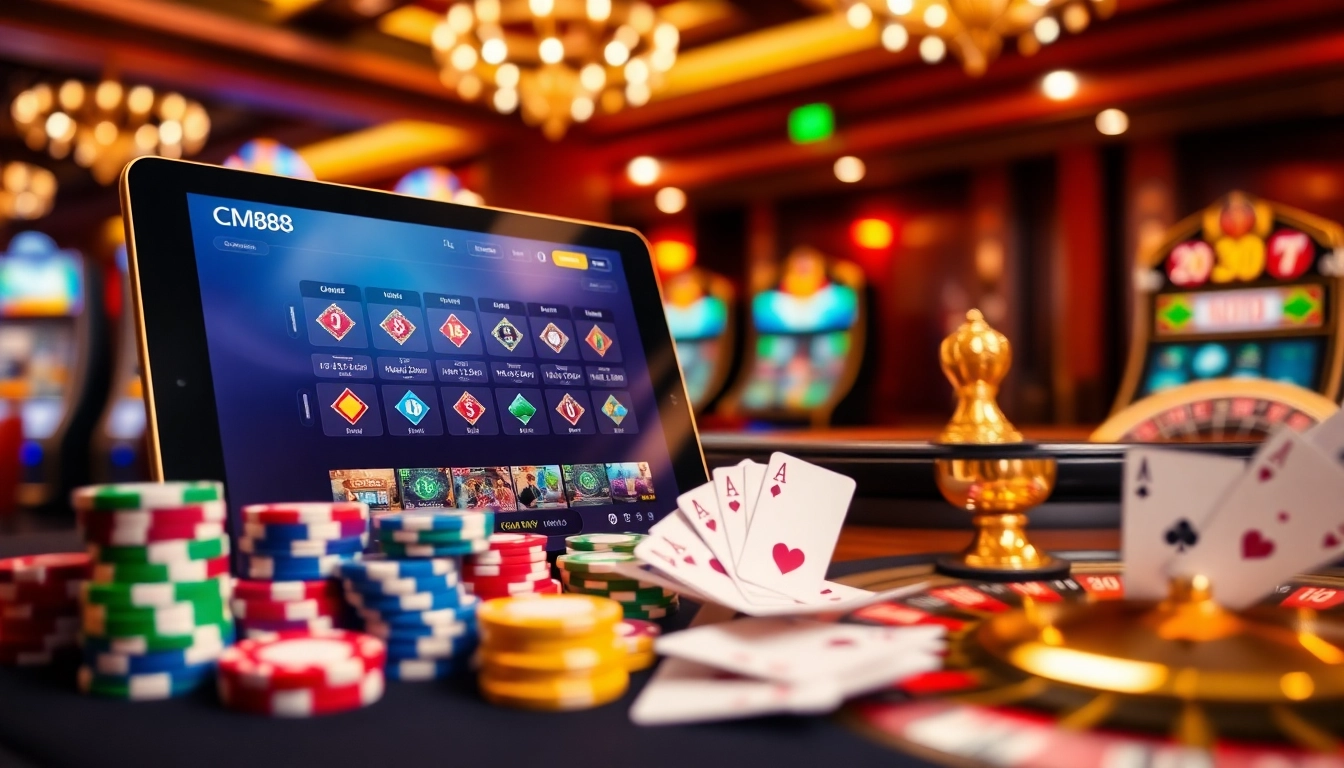 Exciting gambling scene featuring CM88's online gaming interface with vibrant cards and chips.