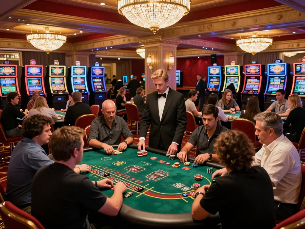 A thrilling scene at https://kp8888.net/ showcasing players engaged in dynamic casino games with vibrant decor and lively atmosphere.