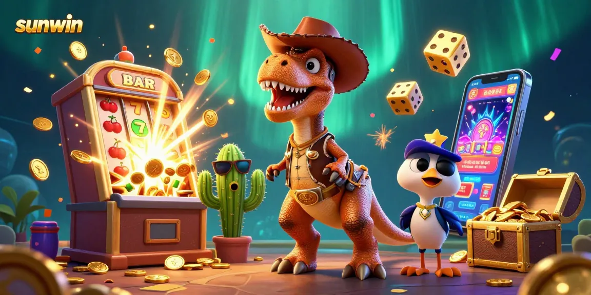 Experience the thrilling sunwin jackpot explosion with vibrant characters and colorful casino elements.