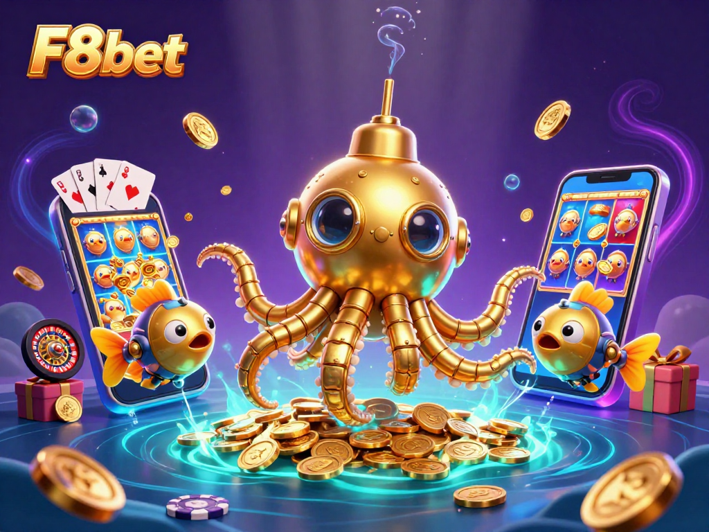 Experience F8bet's thrilling gaming world with a playful kraken submarine in a sea of coins.