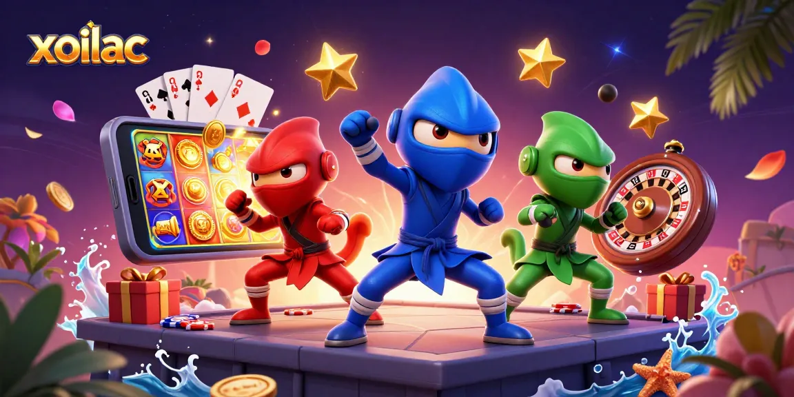 Xoilac sports betting scene with ninja chameleons, spinning slot game, and vibrant casino elements.