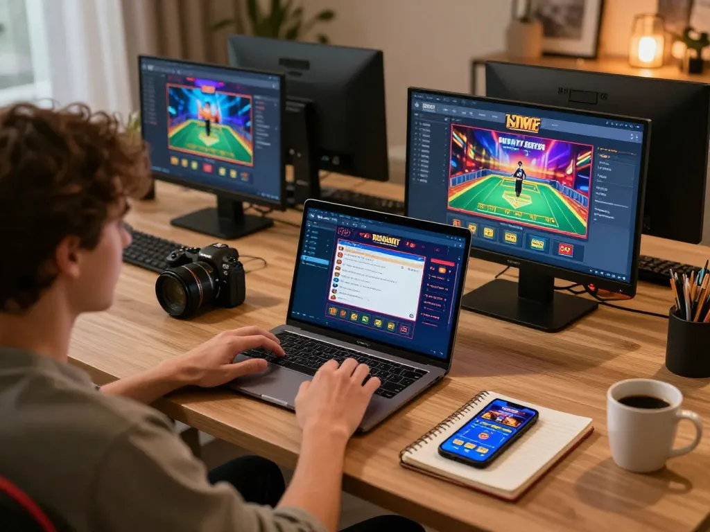 Player exploring various games on trang chủ GG88 using a laptop and smartphone in a cozy setup.
