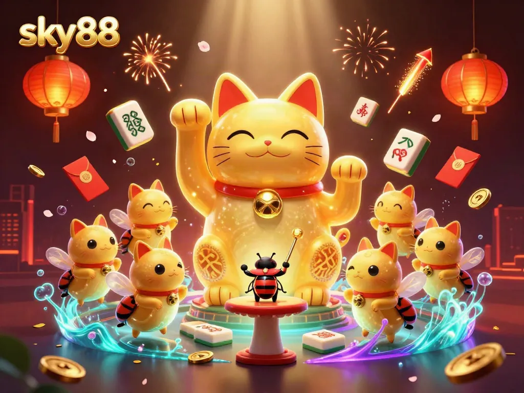 Engage in exhilarating gameplay with sky88's vibrant casino elements and a giant lucky cat.