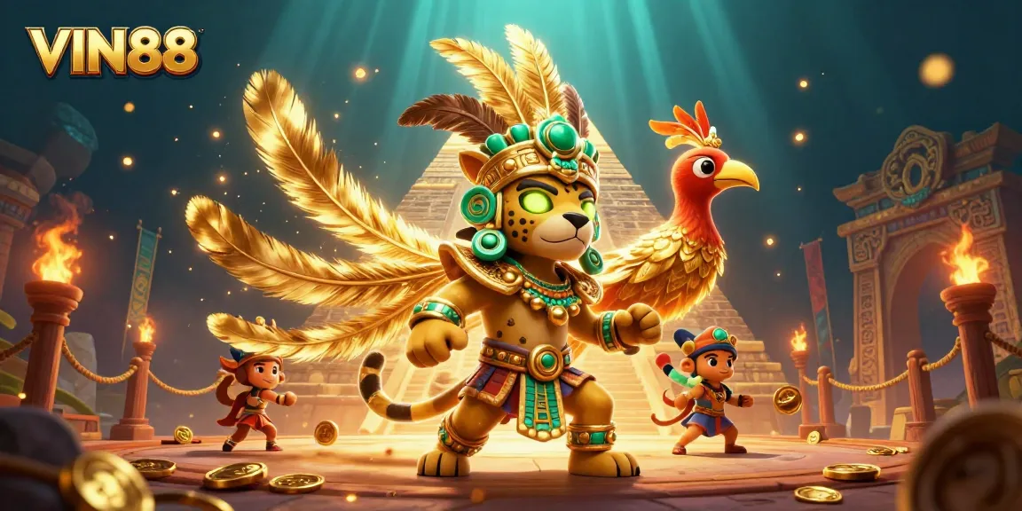 Experience the thrills of VIN88 with a vibrant casino scene featuring a Mayan priest and golden artifacts.