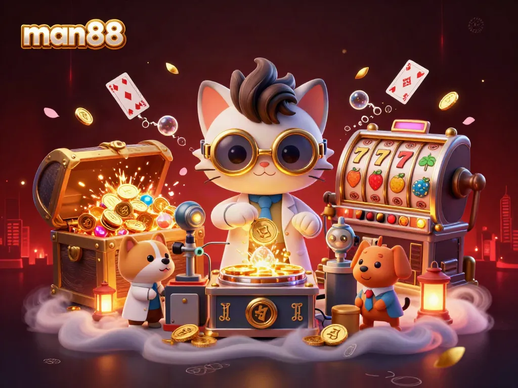 Play and win with man88 in this vibrant casino-themed 3D illustration showcasing exciting game elements.