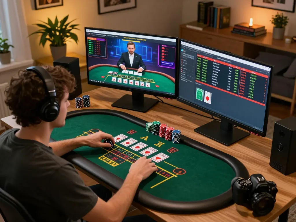 Player strategizing on va88 online blackjack while tracking statistics from casino app at home