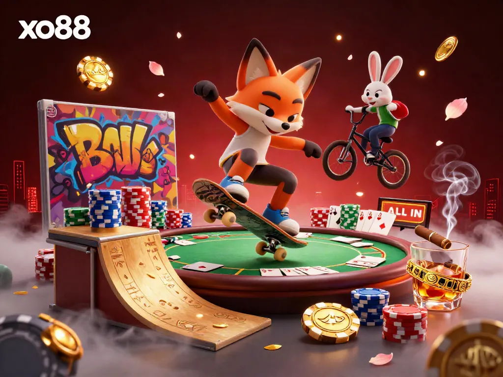 Experience the thrill of xo88 with a cartoon fox kickflipping over poker chips and a BMX rabbit by its side.