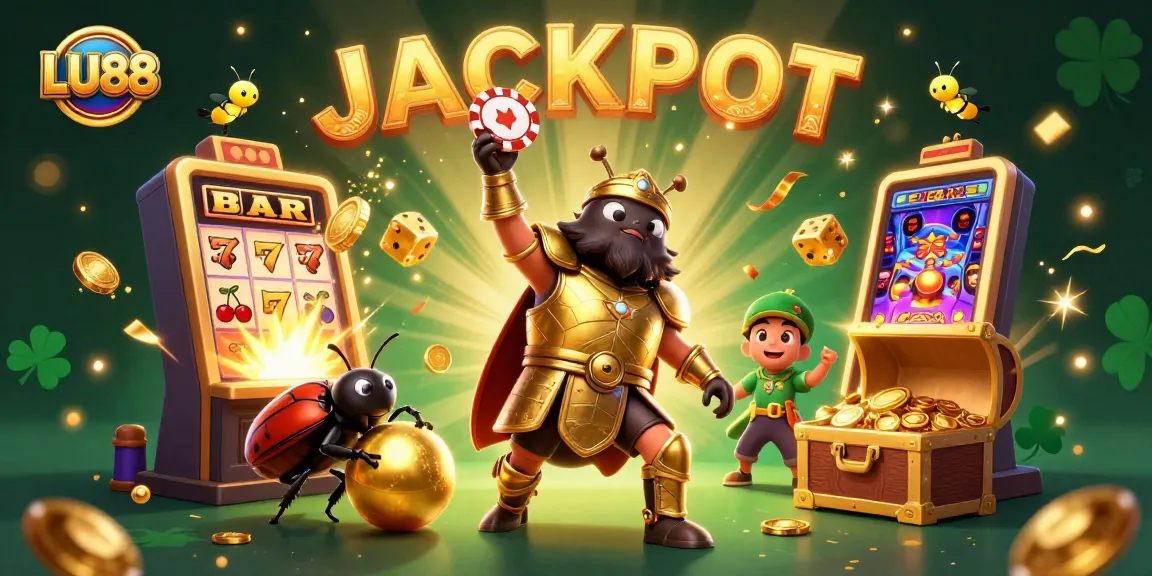 LU88 celebrates big wins with a victorious beetle scene featuring jackpot symbols, casino elements, and vibrant energy.
