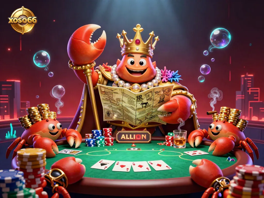 Engage in gaming excitement with xoso66's vibrant crab emperor and elaborate poker setup.