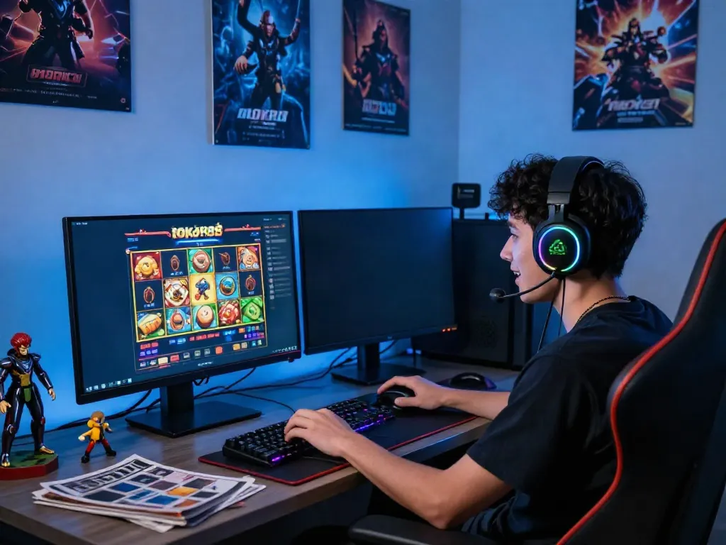 Excited gamer enjoying a rokok88 slot game in a vibrant, colorful gaming setup.