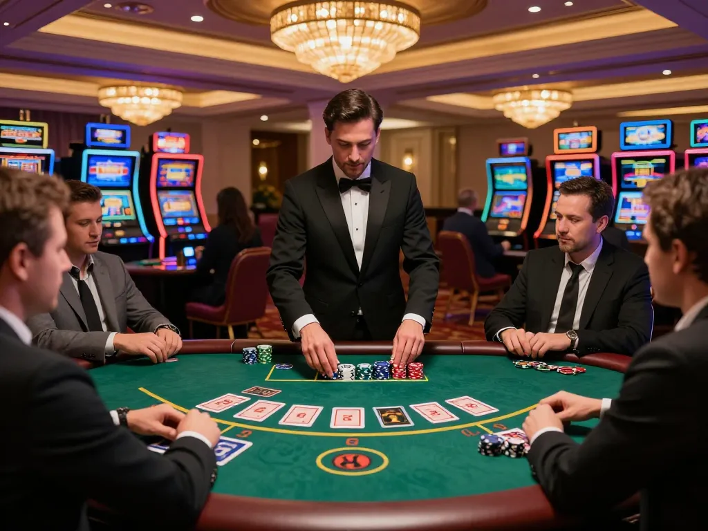 Jun88 players engaging in a high-stakes blackjack game at an upscale casino table, chips and cards visible, creating an exciting atmosphere.
