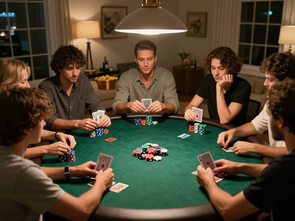 RR88 players engaged in a thrilling home poker game, showcasing excitement and strategy.