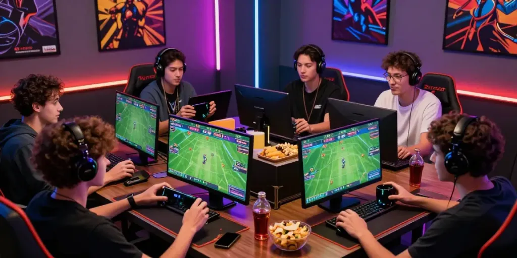 Dynamic online gaming group enjoying gem88 live sports betting atmosphere