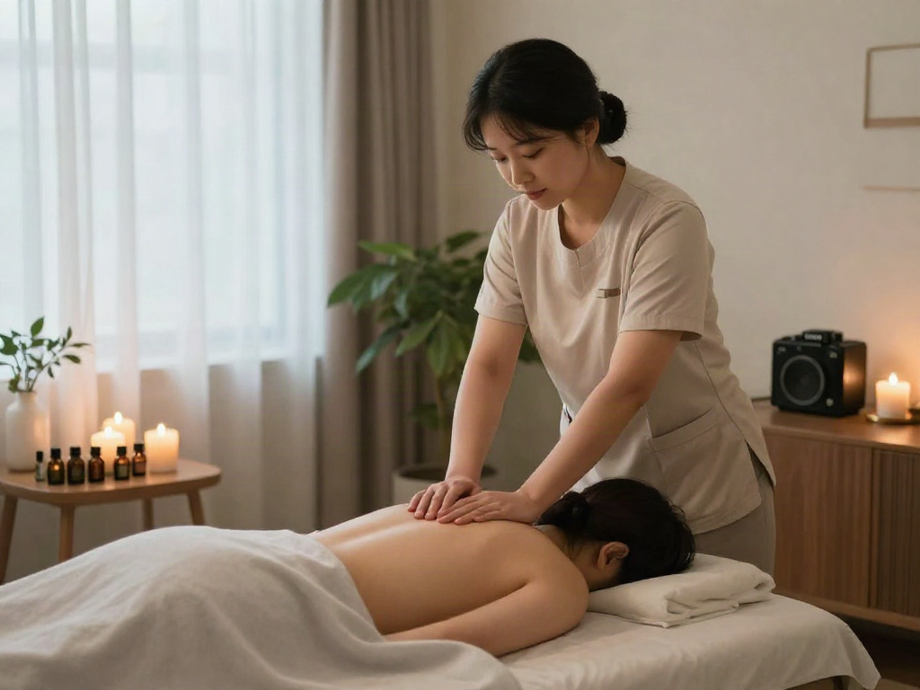 안산출장 massage therapy session in a tranquil studio environment with soothing candles and essential oils