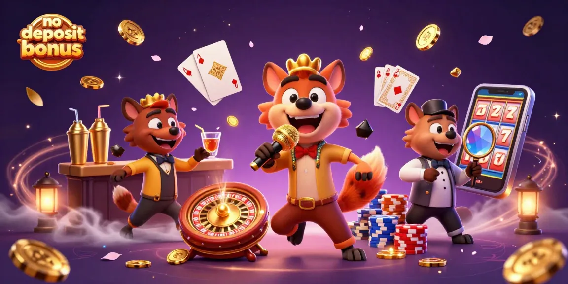 Enjoy exciting no deposit bonus offers with hyenas at a comedy casino club, featuring poker chips and slot reels.