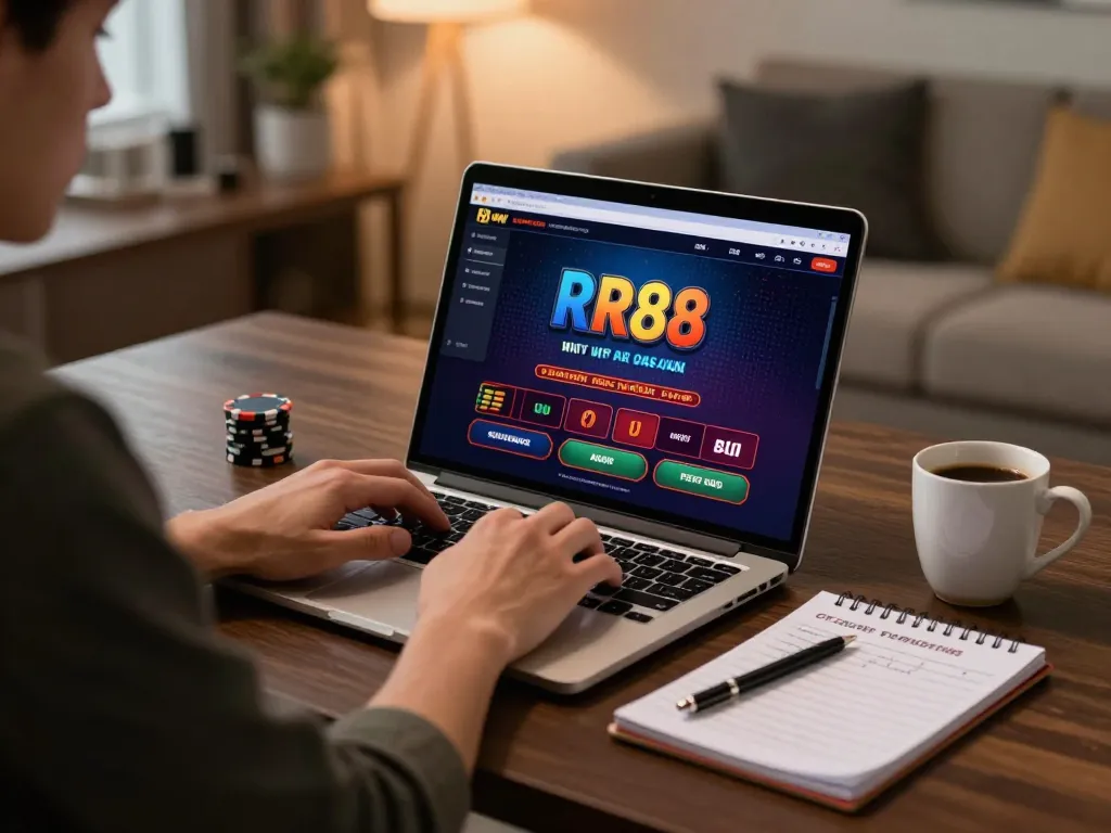 Engaging online gambling moment at RR88 casino with strategic notes and laptop setup.