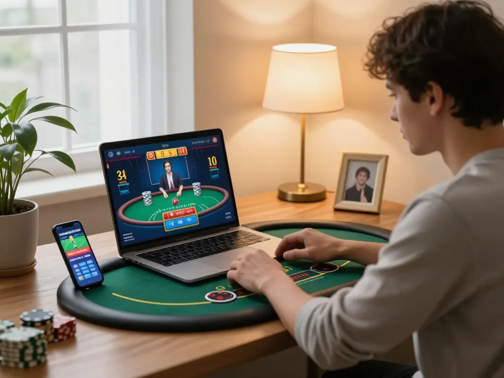 Evinizde kalibet çevrimiçi blackjack strateji oturumuna katılan oyuncu.