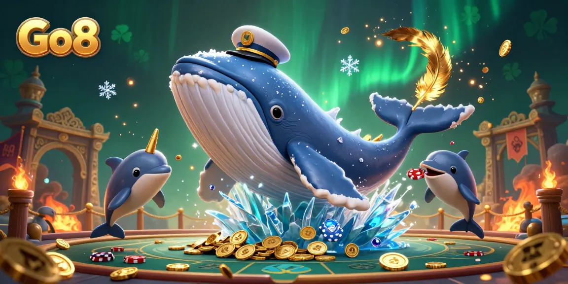 Playful dolphins and a giant whale represent Go8 in a vibrant, casino-themed underwater scene.