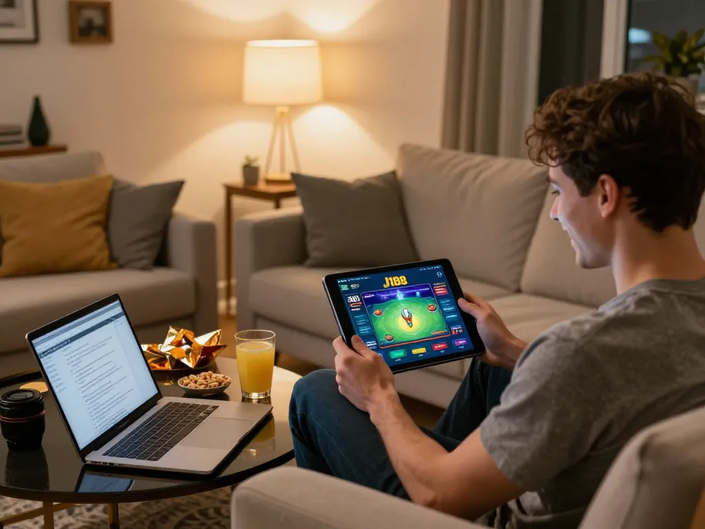 Engaging game session on the J188 app at home, capturing player excitement in a cozy setting.