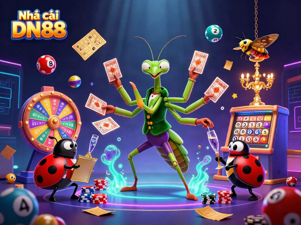 Engage with Nhà cái DN88's unique characters in a vibrant casino scene full of lively elements.