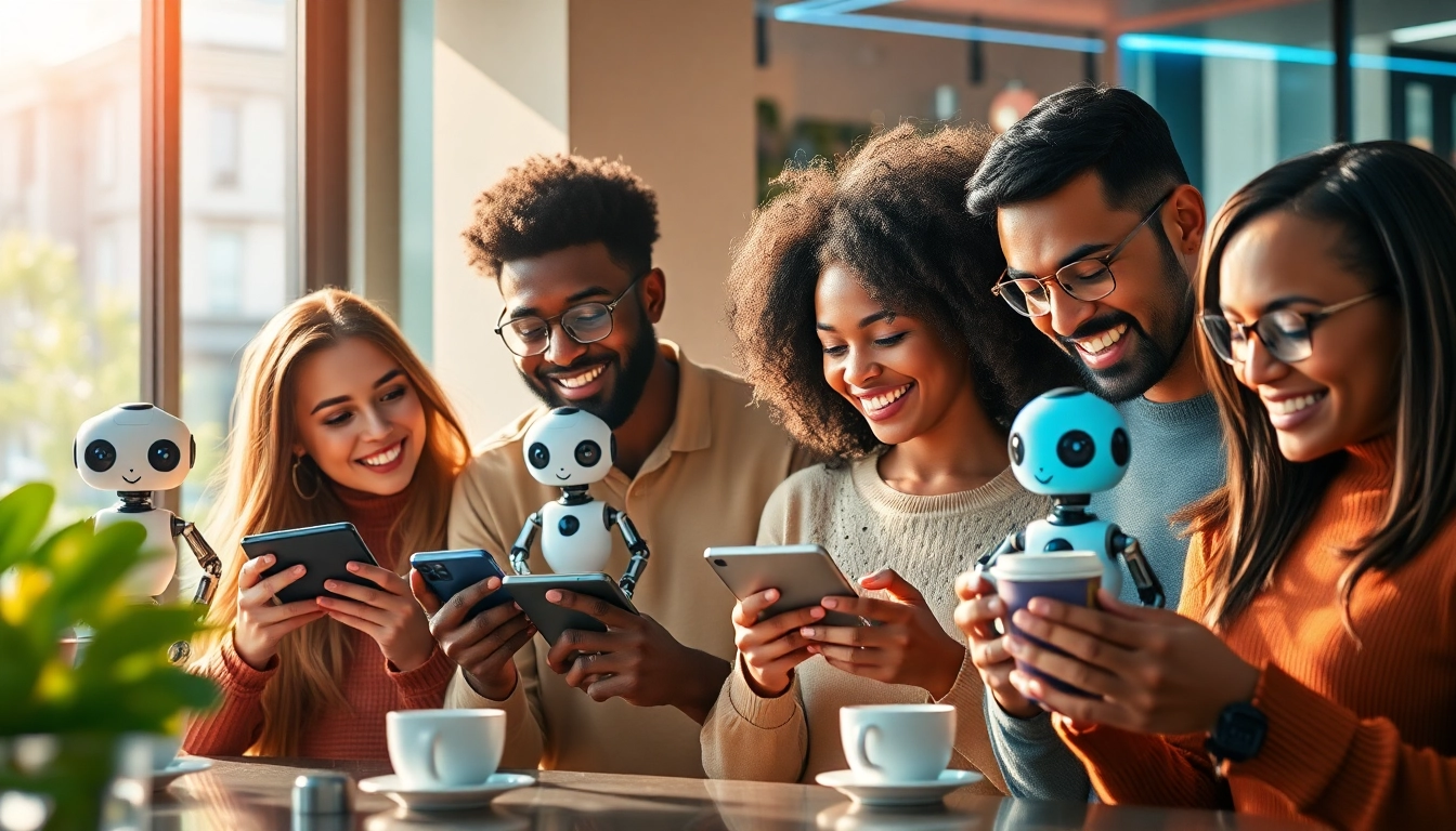 Enjoying engaging moments with crush ai companions in a lively urban cafe.